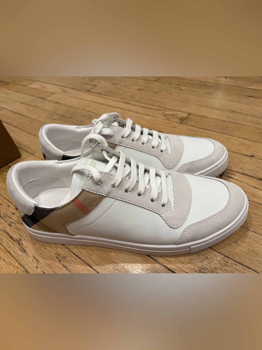 Burberry White Leather Sneakers with Beige Nova Check Heel